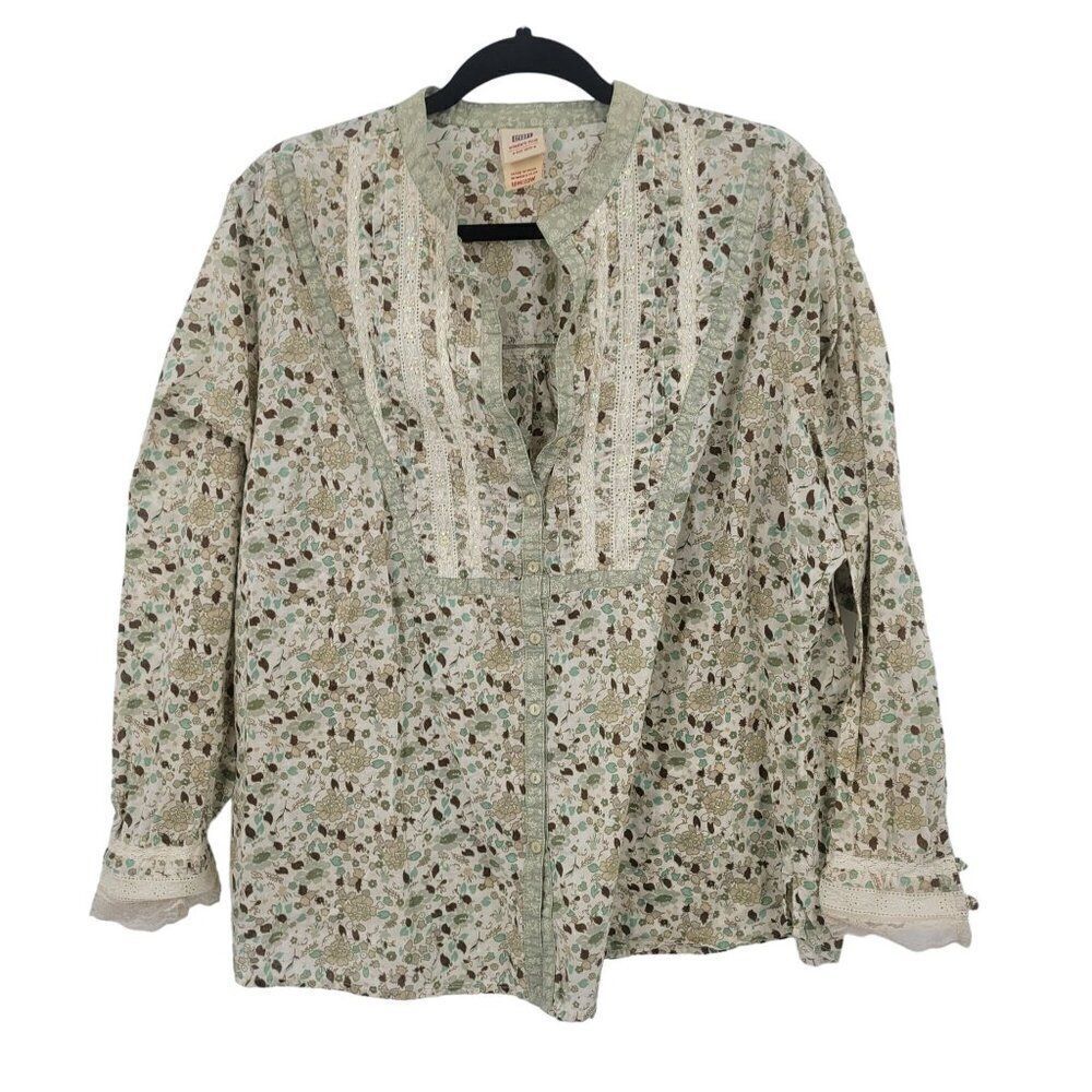 Vintage Ditsy Floral Blouse 18W/20W Green Lace Bib Button‎ Boho Cottagecore